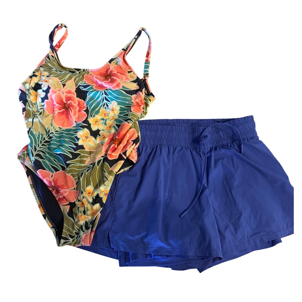 HURLEY Womens Floral‎ One Piece Swimsuit Spyder Blue Active Shorts Set Tropical